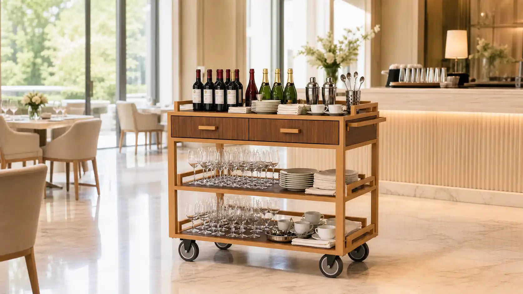 Open shelf room service cart for hotel restaurant service, beverage service, and banquet setup