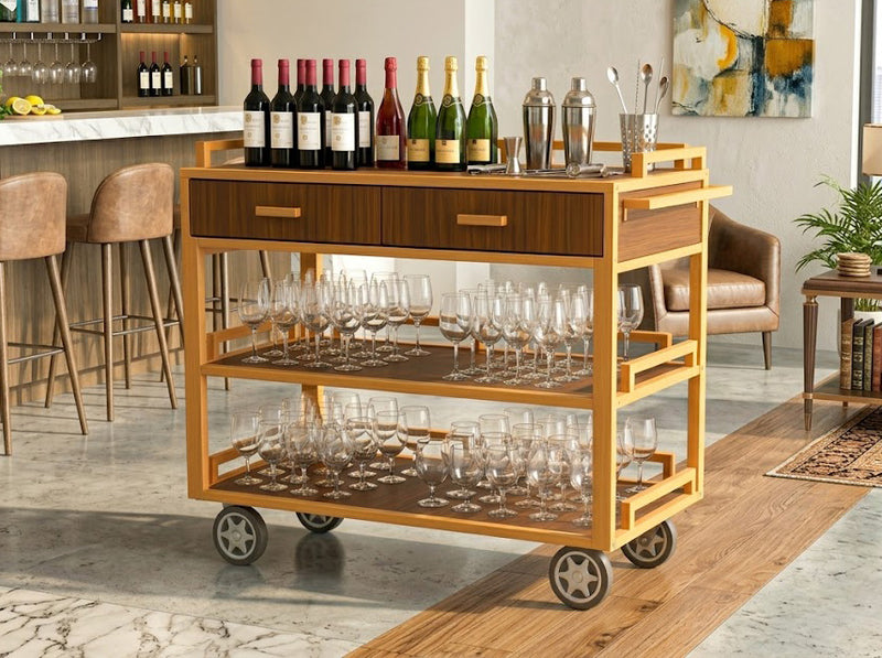 Wooden room service trolley with cabinet storage for hotel beverage service and hospitality use