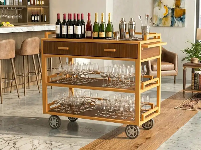 Wooden room service trolley with cabinet storage for hotel beverage service and hospitality use