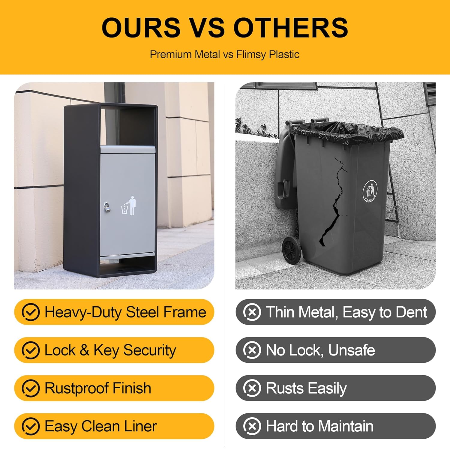 Comparison of premium steel outdoor trash can with lid versus flimsy plastic containers showing heavy-duty frame, lock security, and rustproof finish benefits