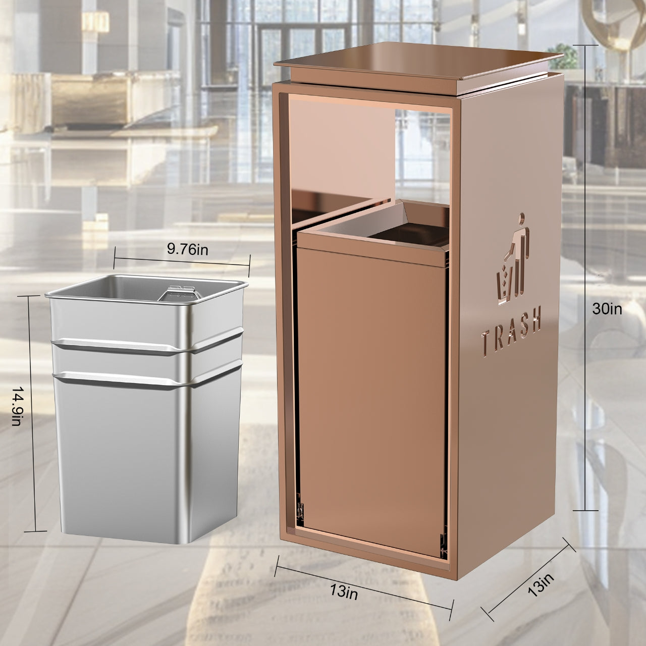 Copper finish outdoor trash can with lid, premium steel lockable container featuring weather-resistant coating and secure locking mechanism