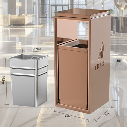 Copper finish outdoor trash can with lid, premium steel lockable container featuring weather-resistant coating and secure locking mechanism
