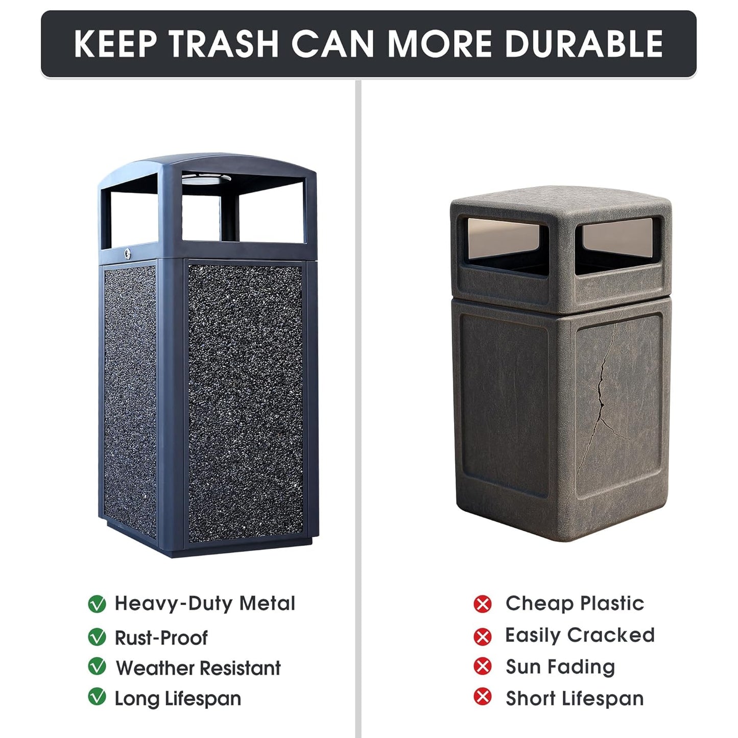 Outdoor Trash Can with Lid – Sturdy Stone-Finish Metal Garbage Bin, Weatherproof, Removable Liner for Parks & Public Spaces