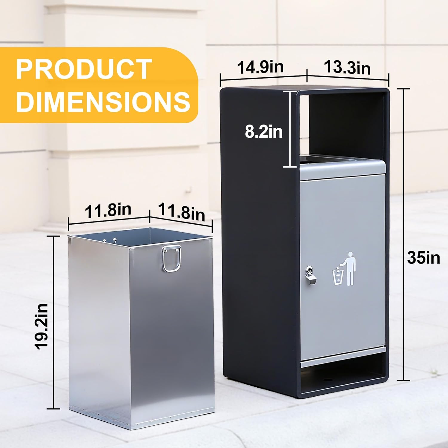 Outdoor trash can with lid product dimensions showing 35-inch height steel storage container with removable inner bin specifications