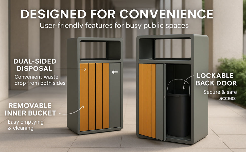 Outdoor trash can with lid showing dual-sided disposal and removable inner bucket - lockable trash containers designed for busy public spaces