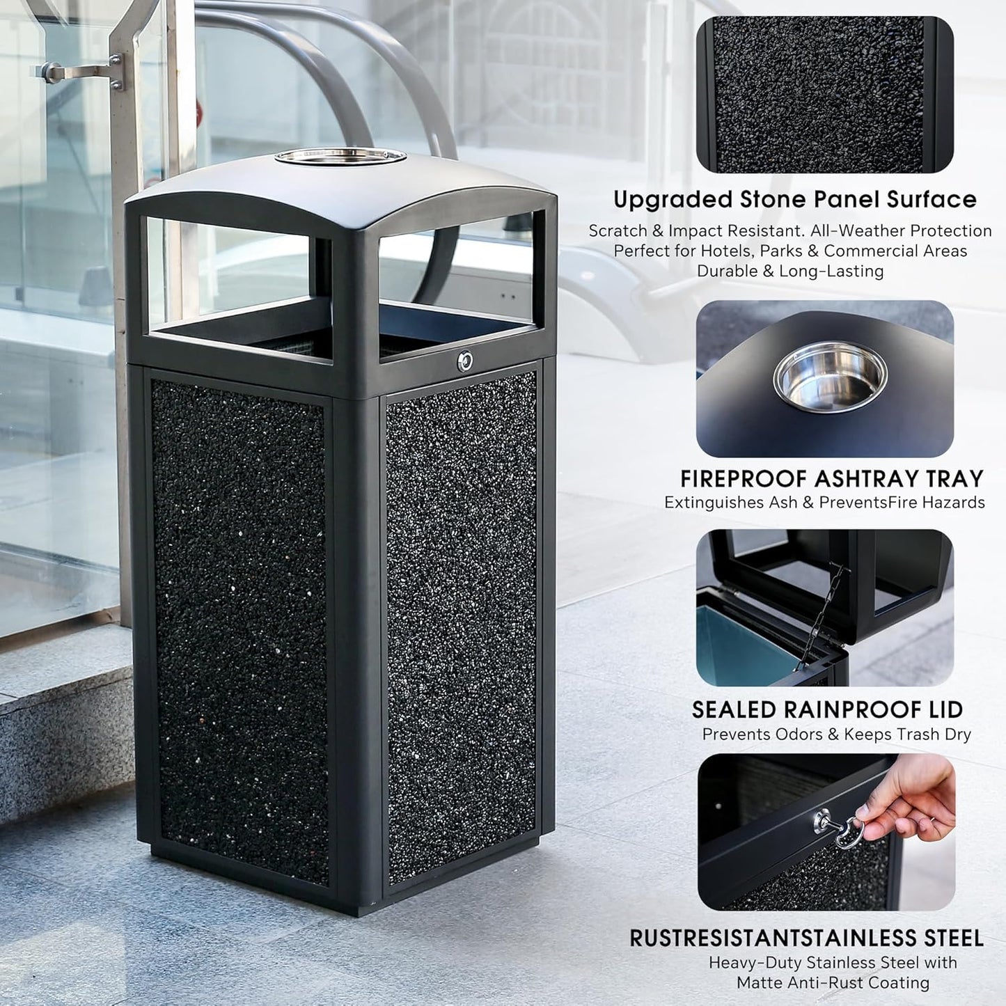 Outdoor Trash Can with Lid – Sturdy Stone-Finish Metal Garbage Bin, Weatherproof, Removable Liner for Parks & Public Spaces
