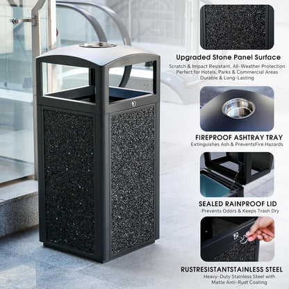 Outdoor Trash Can with Lid – Sturdy Stone-Finish Metal Garbage Bin, Weatherproof, Removable Liner for Parks & Public Spaces