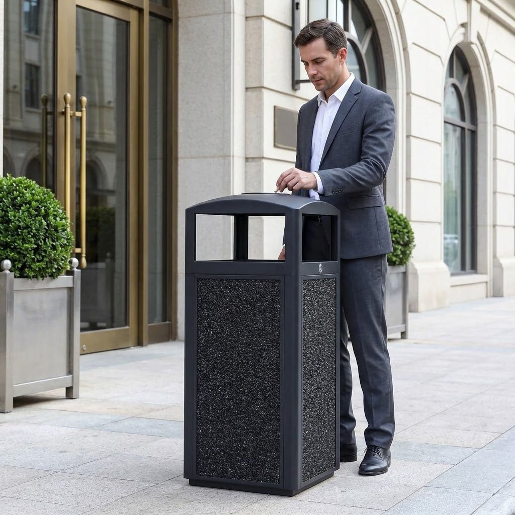 Outdoor Trash Can with Lid – Sturdy Stone - Finish Metal Garbage Bin, Weatherproof, Removable Liner for Parks & Public Spaces - CrazyAnt