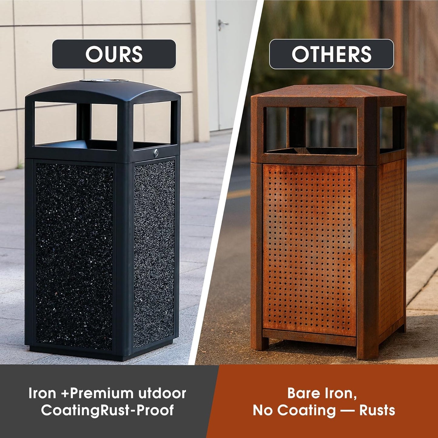 Outdoor Trash Can with Lid – Sturdy Stone - Finish Metal Garbage Bin, Weatherproof, Removable Liner for Parks & Public Spaces - CrazyAnt