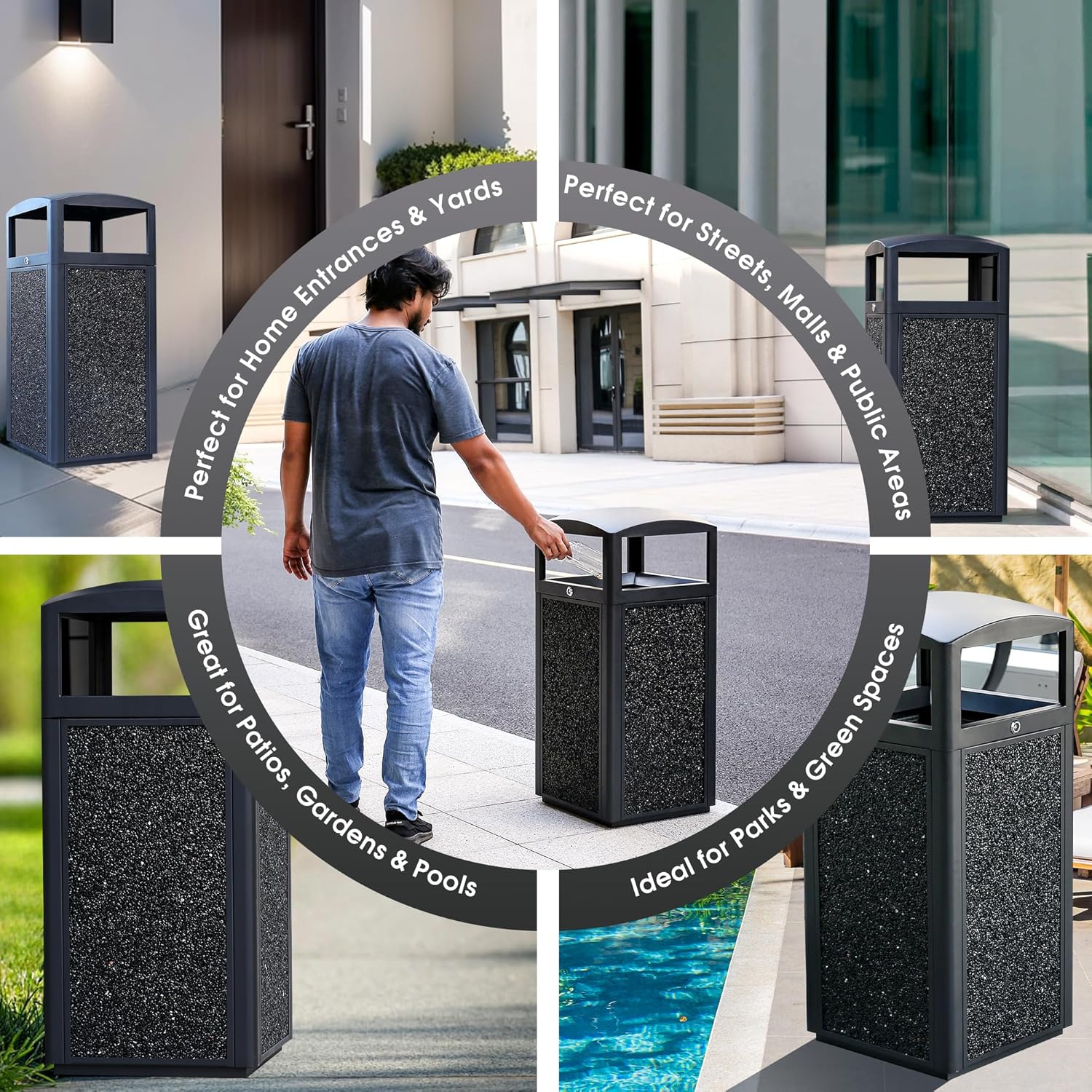 Outdoor Trash Can with Lid – Sturdy Stone - Finish Metal Garbage Bin, Weatherproof, Removable Liner for Parks & Public Spaces - CrazyAnt