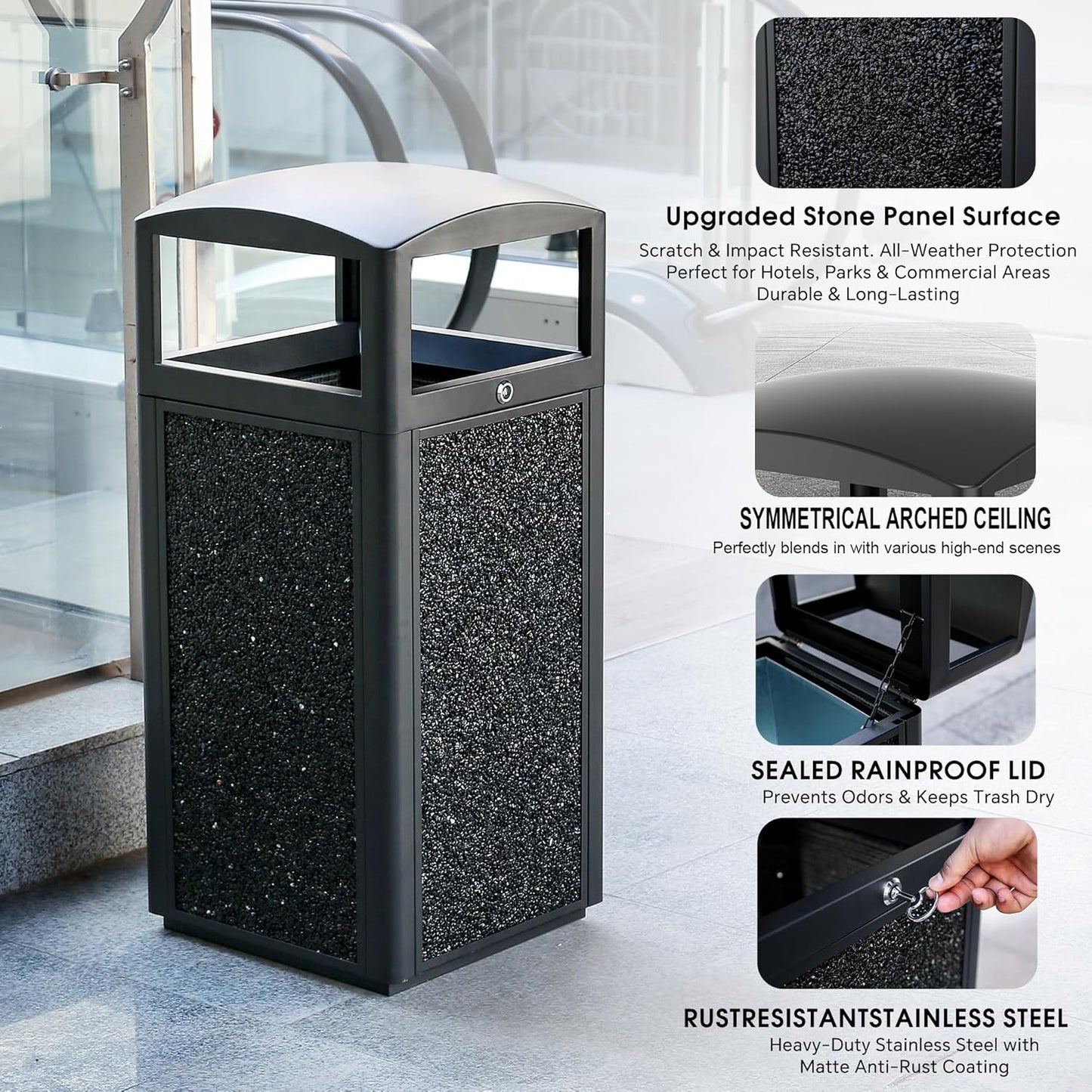 Outdoor Trash Can with Lid – Sturdy Stone - Finish Metal Garbage Bin, Weatherproof, Removable Liner for Parks & Public Spaces - CrazyAnt