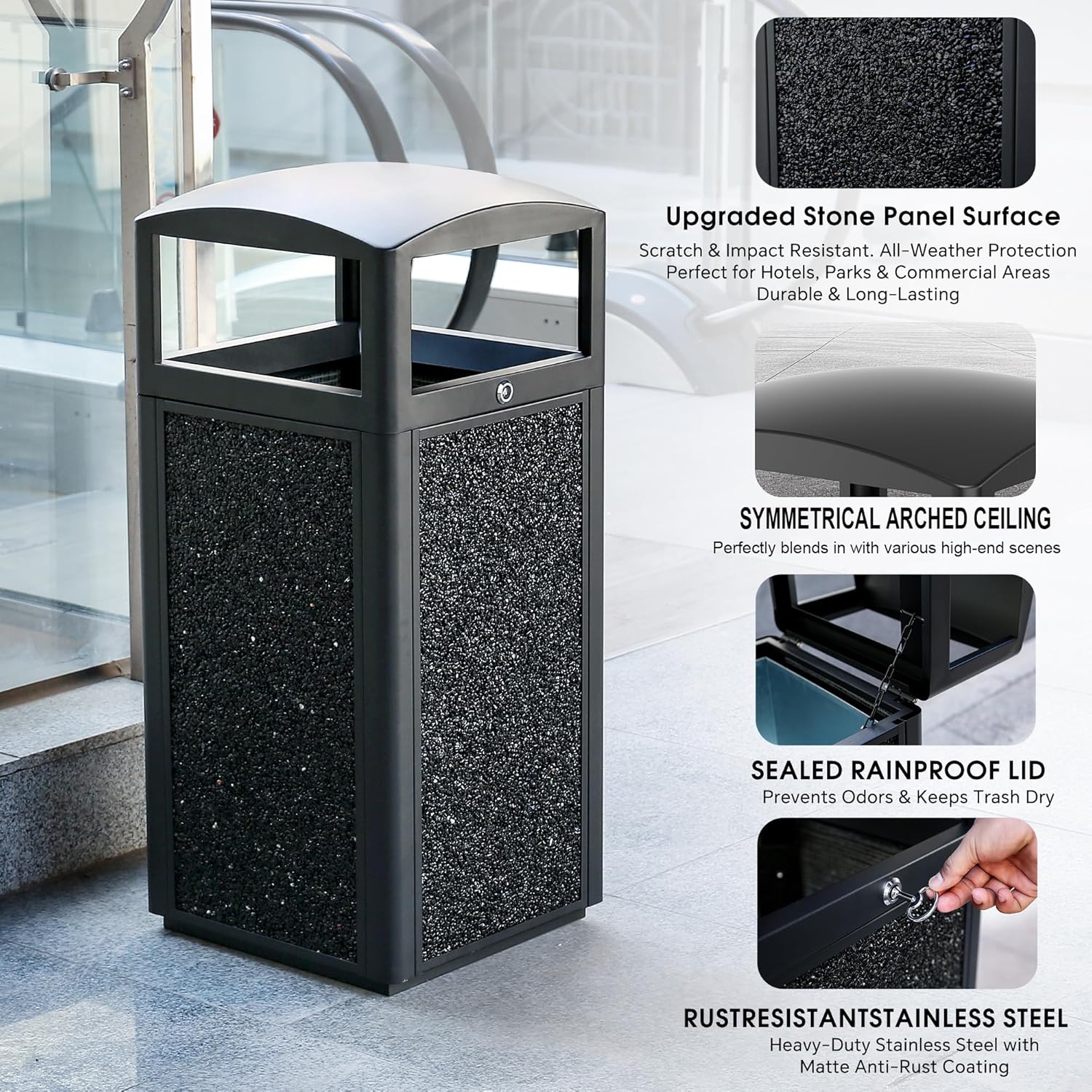 Outdoor Trash Can with Lid – Sturdy Stone - Finish Metal Garbage Bin, Weatherproof, Removable Liner for Parks & Public Spaces - CrazyAnt
