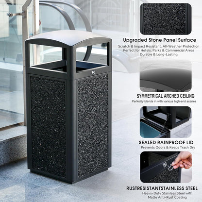 Outdoor Trash Can with Lid – Sturdy Stone - Finish Metal Garbage Bin, Weatherproof, Removable Liner for Parks & Public Spaces - CrazyAnt