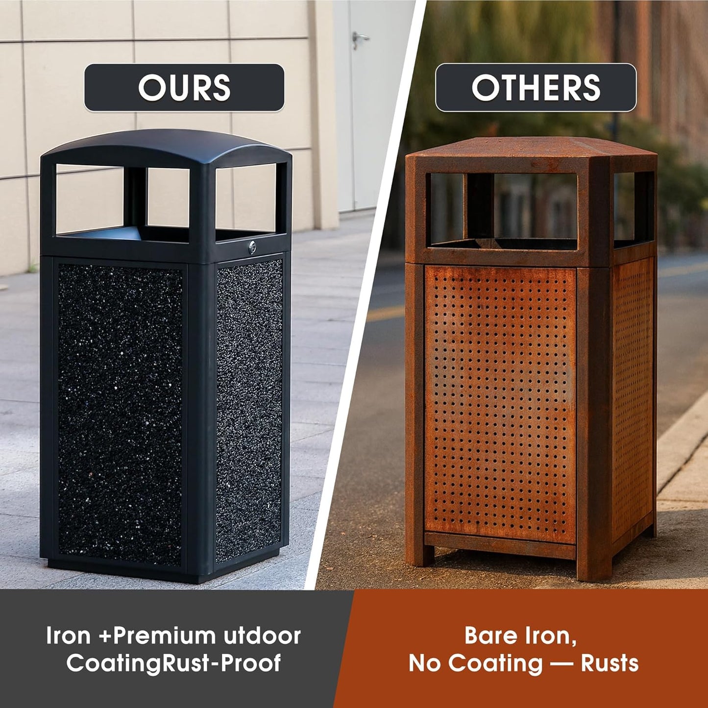Outdoor Trash Can with Lid – Sturdy Stone - Finish Metal Garbage Bin, Weatherproof, Removable Liner for Parks & Public Spaces - CrazyAnt