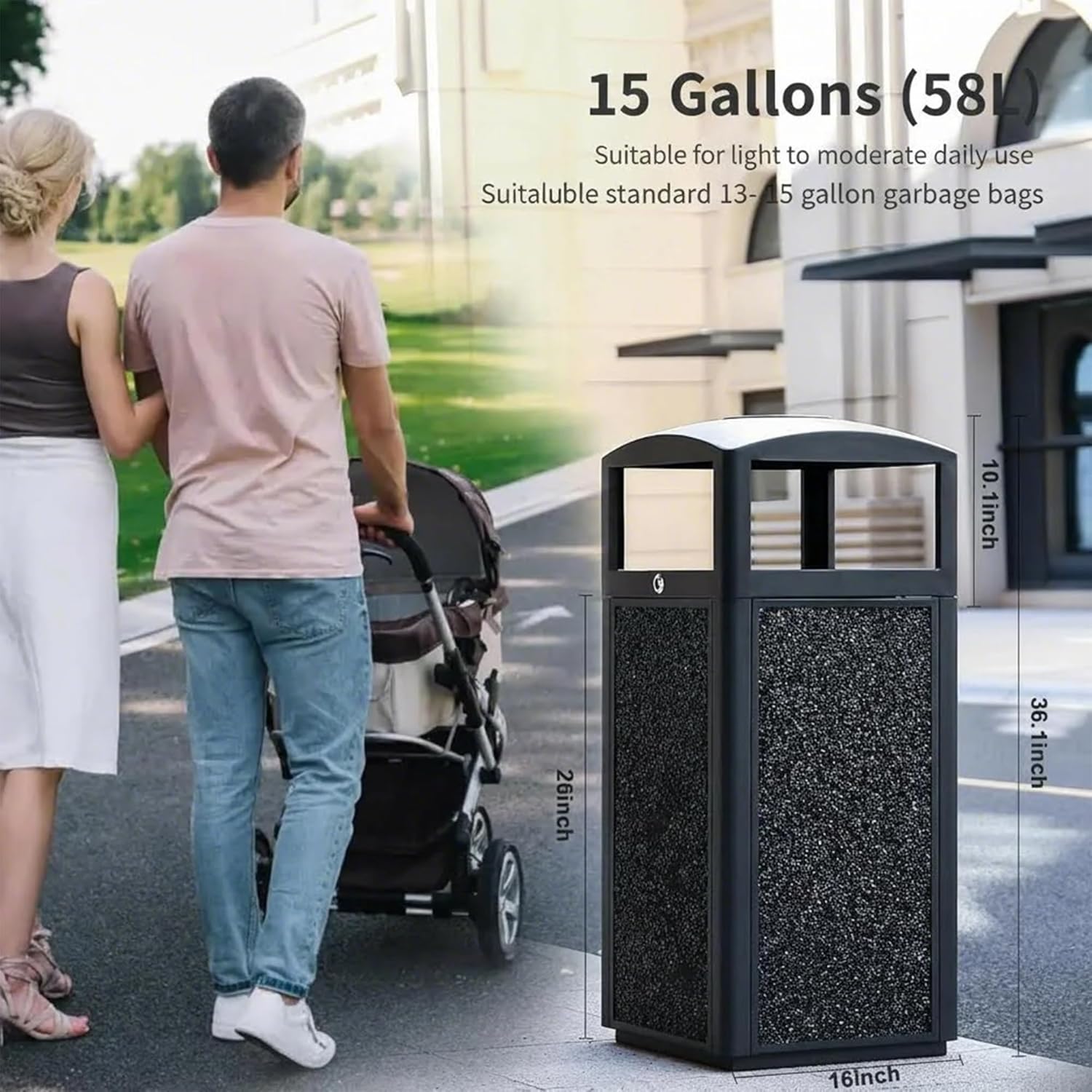 Outdoor Trash Can with Lid – Sturdy Stone - Finish Metal Garbage Bin, Weatherproof, Removable Liner for Parks & Public Spaces - CrazyAnt