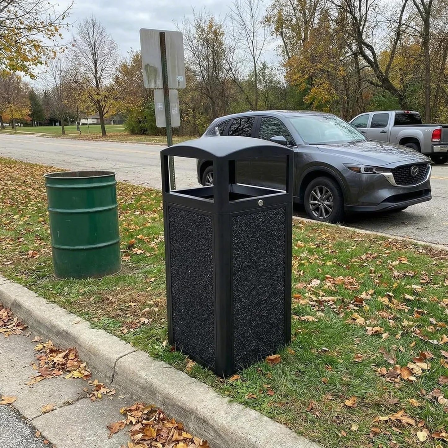 Outdoor Trash Can with Lid – Sturdy Stone - Finish Metal Garbage Bin, Weatherproof, Removable Liner for Parks & Public Spaces - CrazyAnt