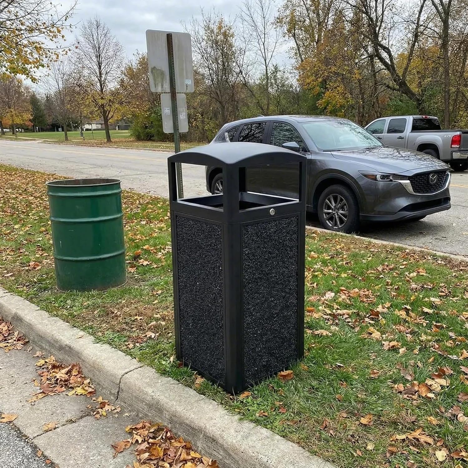 Outdoor Trash Can with Lid – Sturdy Stone - Finish Metal Garbage Bin, Weatherproof, Removable Liner for Parks & Public Spaces - CrazyAnt