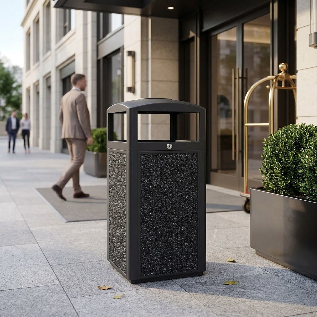 Outdoor Trash Can with Lid – Sturdy Stone - Finish Metal Garbage Bin, Weatherproof, Removable Liner for Parks & Public Spaces - CrazyAnt