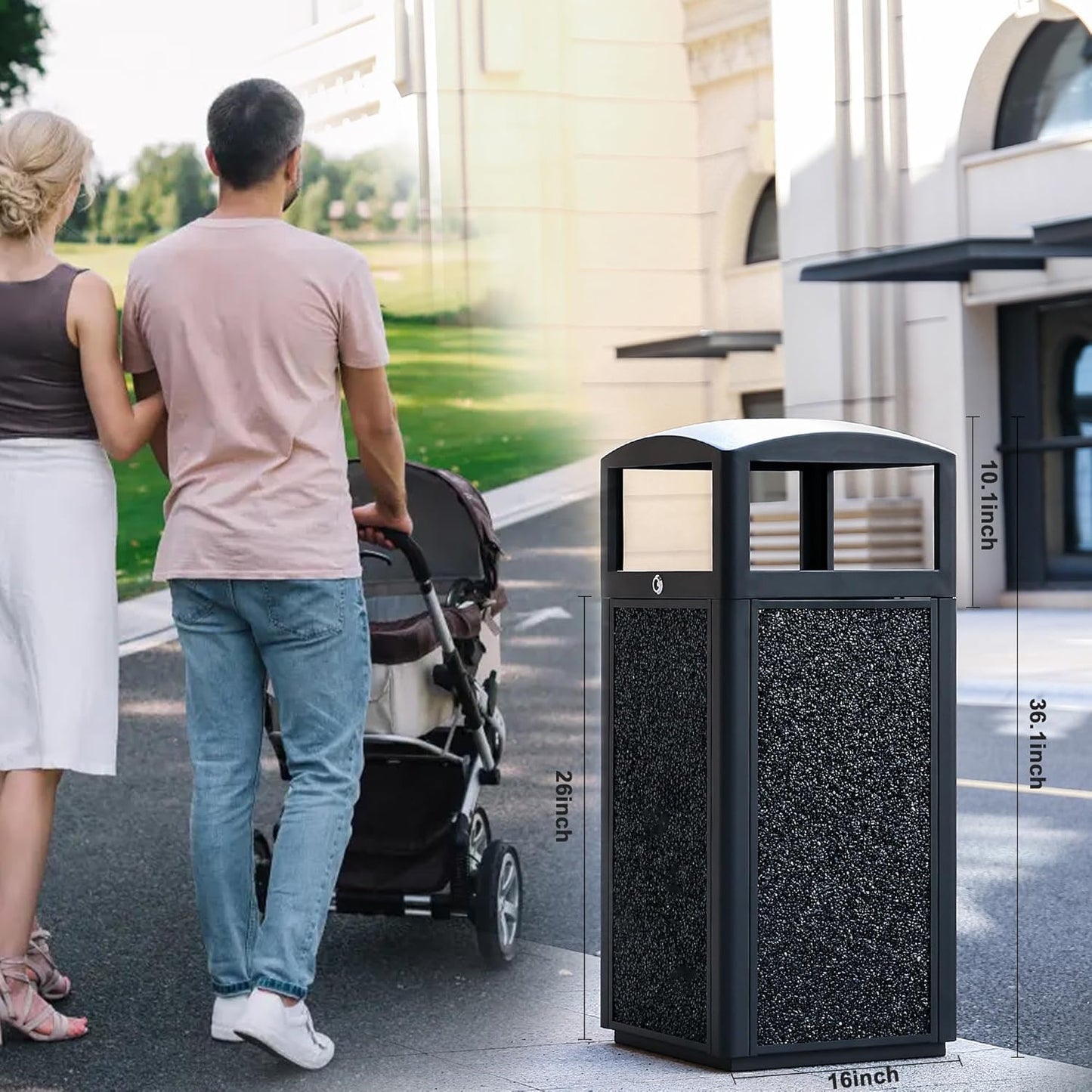 Outdoor Trash Can with Lid – Sturdy Stone - Finish Metal Garbage Bin, Weatherproof, Removable Liner for Parks & Public Spaces - CrazyAnt