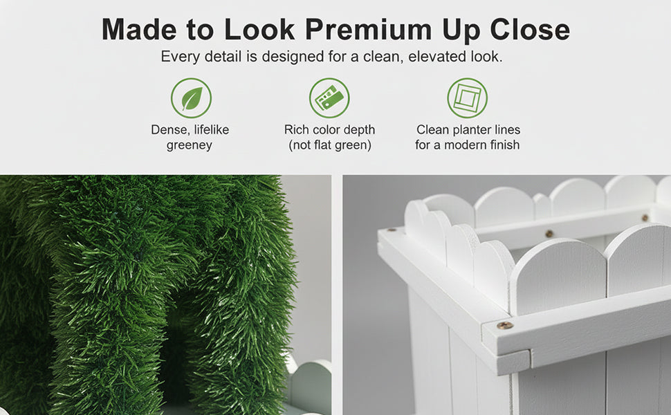 Close-up detail of premium artificial grass dog topiary showing dense lifelike greenery texture and clean modern white wooden planter box design