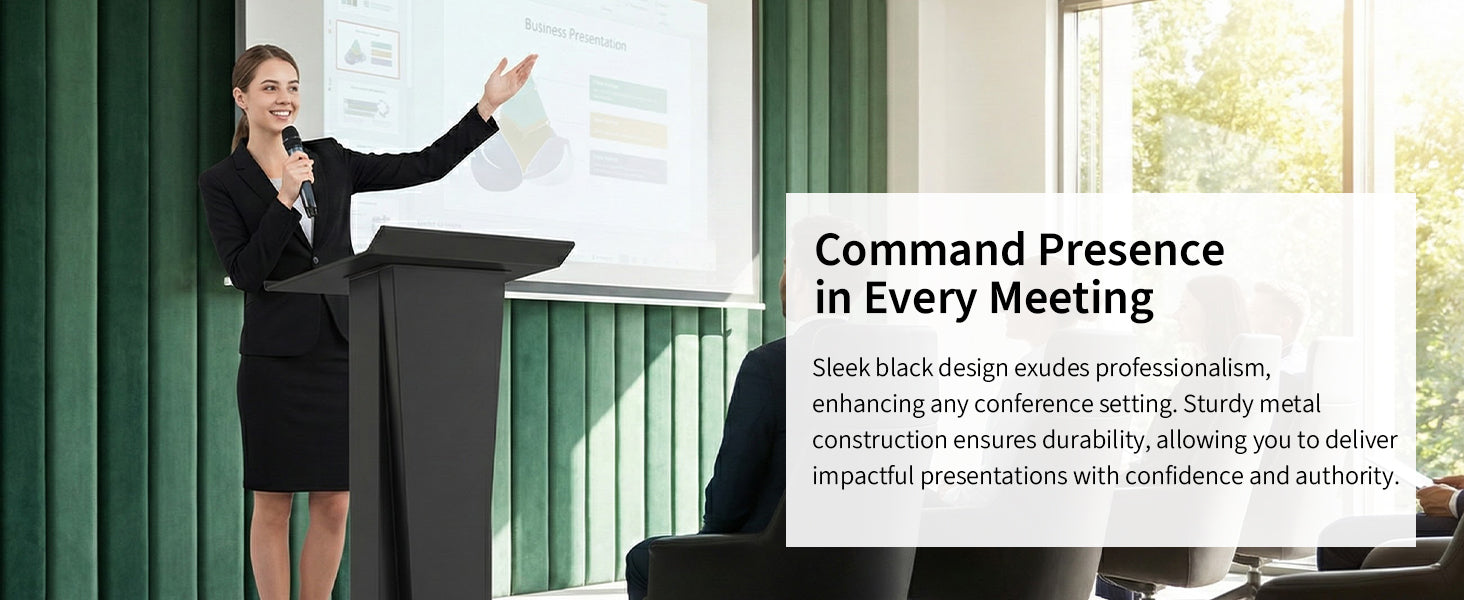 Professional black metal podium commanding presence in hotel conference meeting room