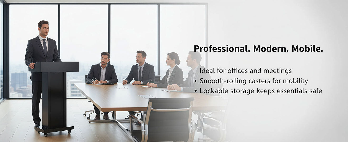 Professional modern mobile podium ideal for offices and meetings - smooth-rolling casters, lockable storage keeps essentials safe