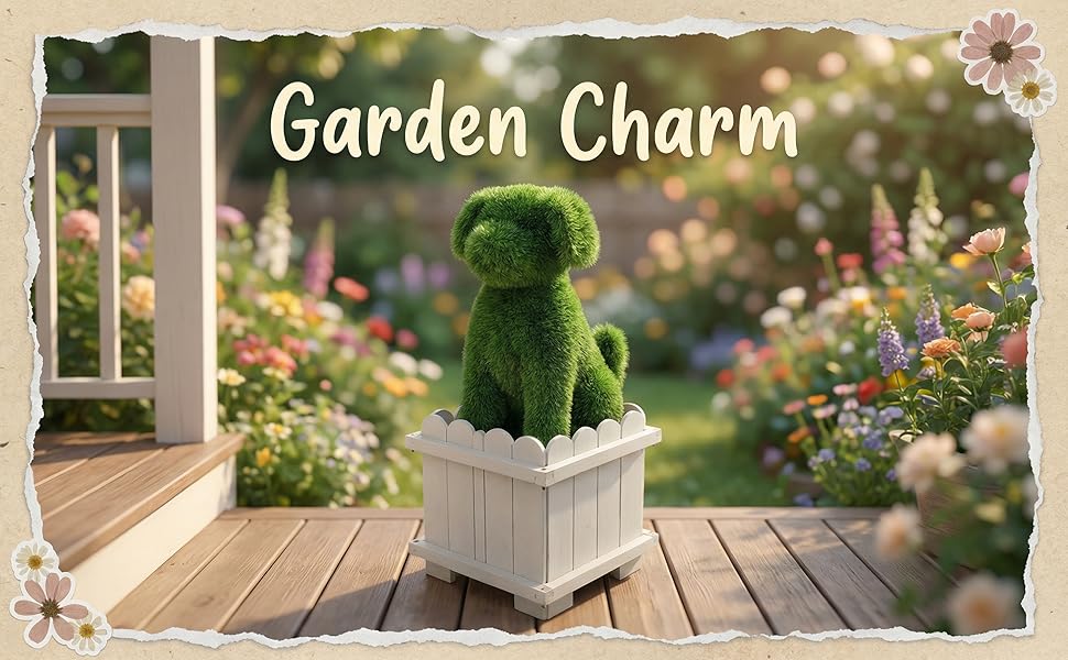 Synthetic grass dog topiary sculpture adding garden charm to resort patio deck with flower garden background, weather-resistant outdoor decoration