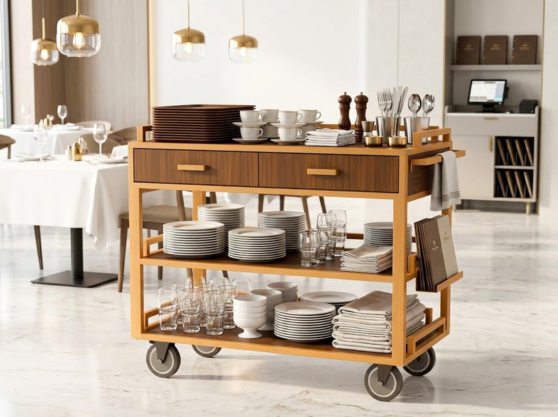 Wooden service cart in a restaurant dining area for plates, tableware, glassware, and daily food service support