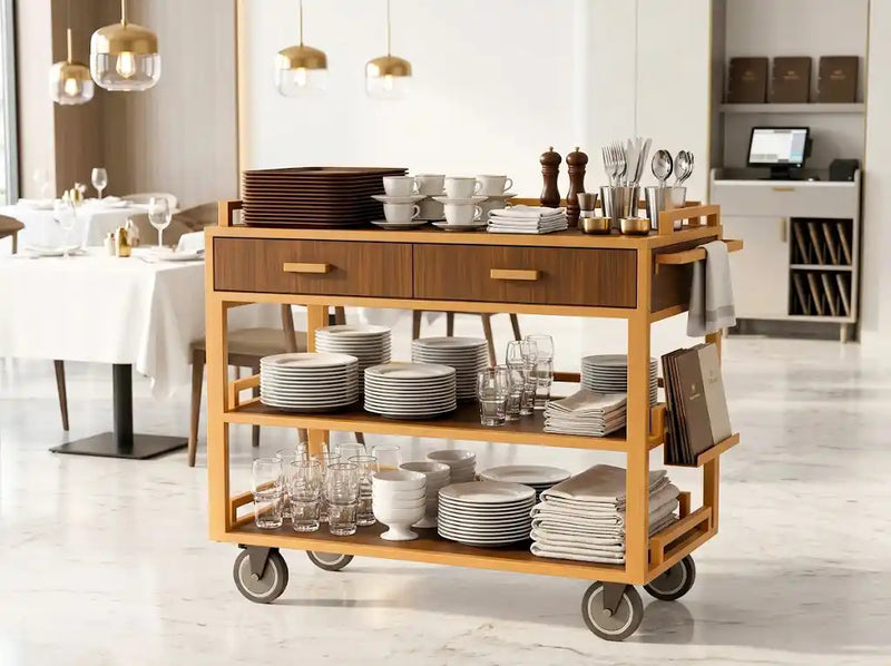 Wooden service cart in a restaurant dining area for plates, tableware, glassware, and daily food service support