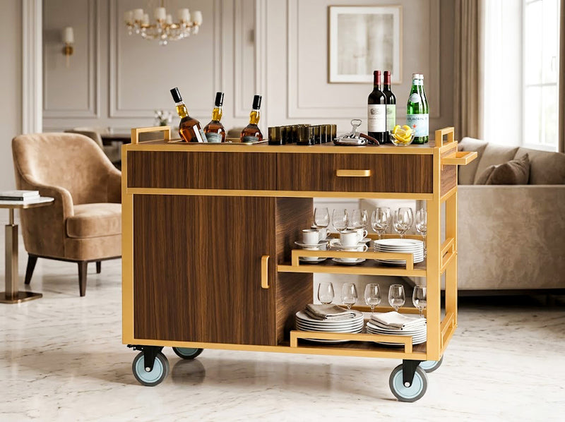 Room service cart with cabinet in a hotel lounge or private dining setting for drinks, glassware, and service supplies