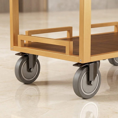 Smooth rolling wheels on wooden room service cart for hotel restaurant service and banquet setup