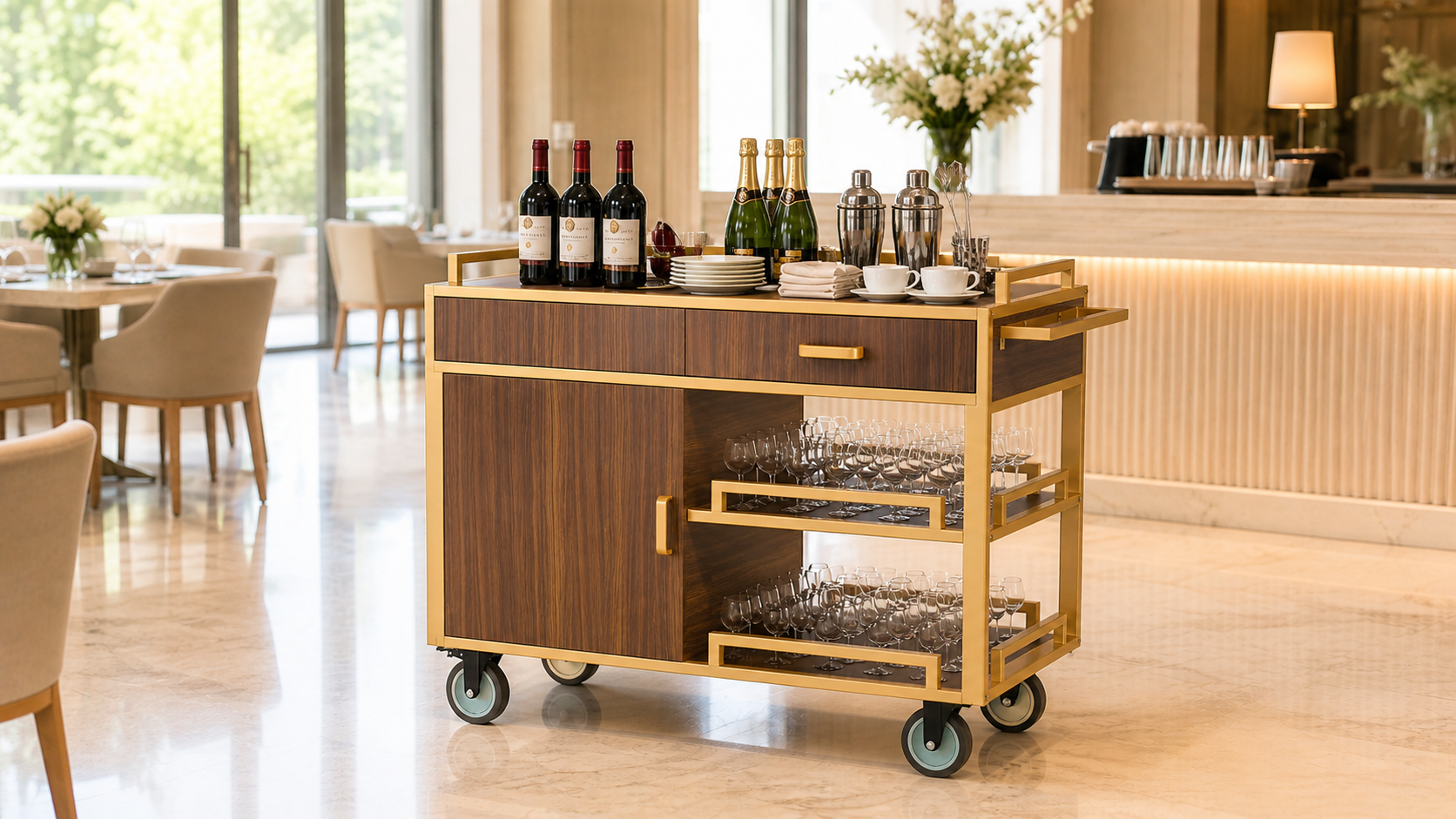Room service cart with cabinet for hotel restaurant service, beverage service, and concealed storage