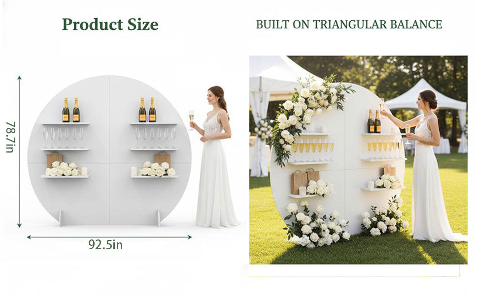 Champagne wall dimensions highlighting broad panels, shelf surfaces, edges, and base areas to inspect