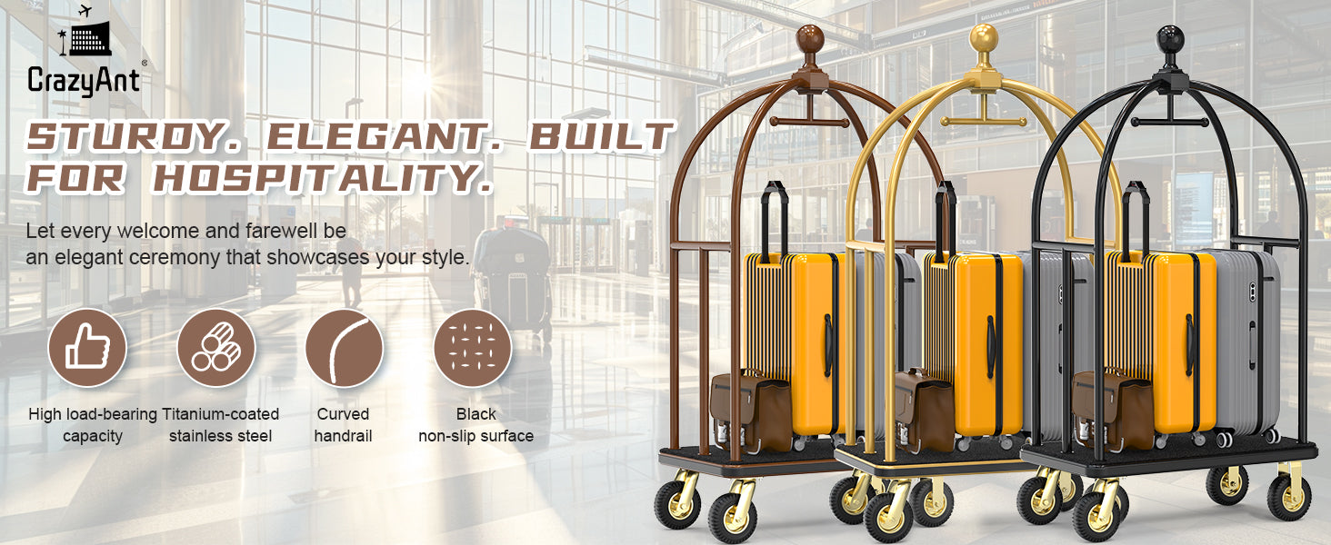 CrazyAnt round top hotel trolley collection in bronze, gold, and black finishes featuring high load-bearing capacity, titanium-coated stainless steel, curved handrail, and black non-slip surface for luxury hospitality service