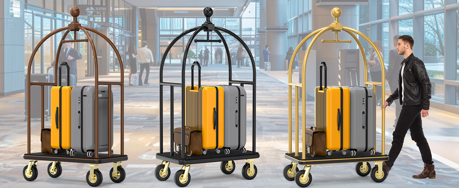 Round top hotel trolley available in three elegant finishes - bronze, black, and gold - displayed in modern hotel lobby with luggage, showing versatile design options