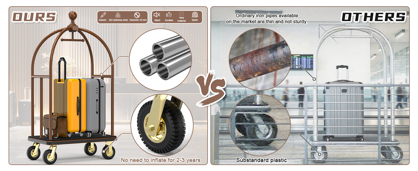 Round top hotel trolley material comparison featuring 304 stainless steel construction and durable silent wheels versus ordinary iron pipes and substandard plastic components