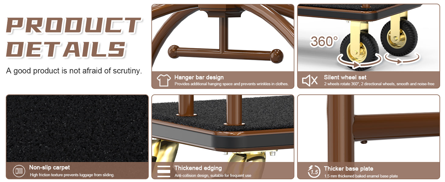 Round top hotel trolley product details showing hanger bar design, 360-degree silent wheel set, non-slip carpet surface, thickened edging, and 1.5mm thicker base plate