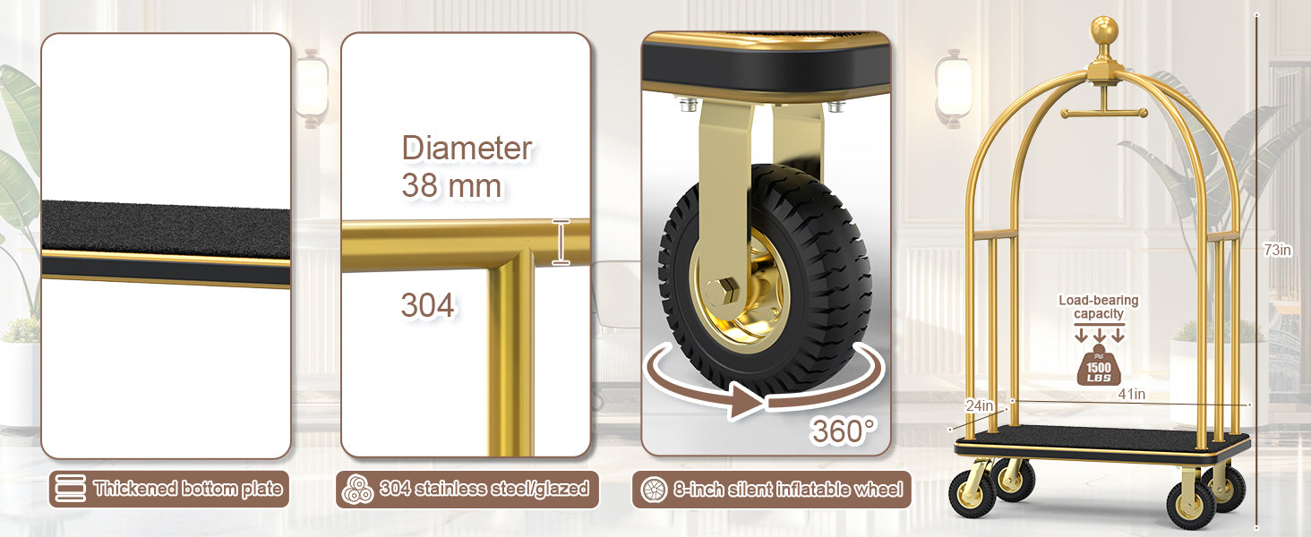 Round top hotel trolley in gold finish with detailed specifications: 73-inch height, 1500 lbs load-bearing capacity, 38mm diameter 304 stainless steel frame, and 8-inch silent inflatable wheels with 360-degree rotation