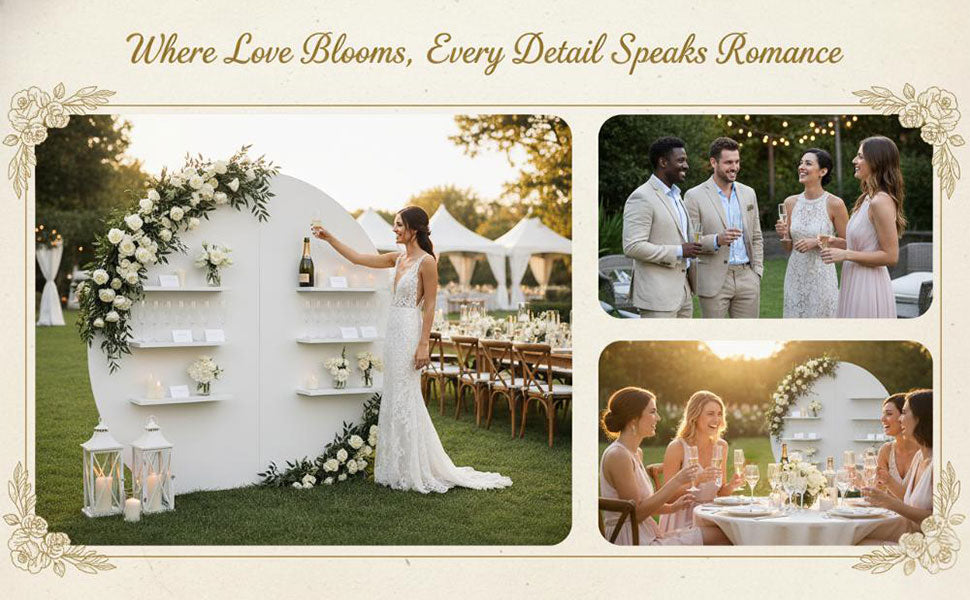 round wedding champagne wall display with floral decor at outdoor wedding reception, elegant champagne shelf for wedding and party events