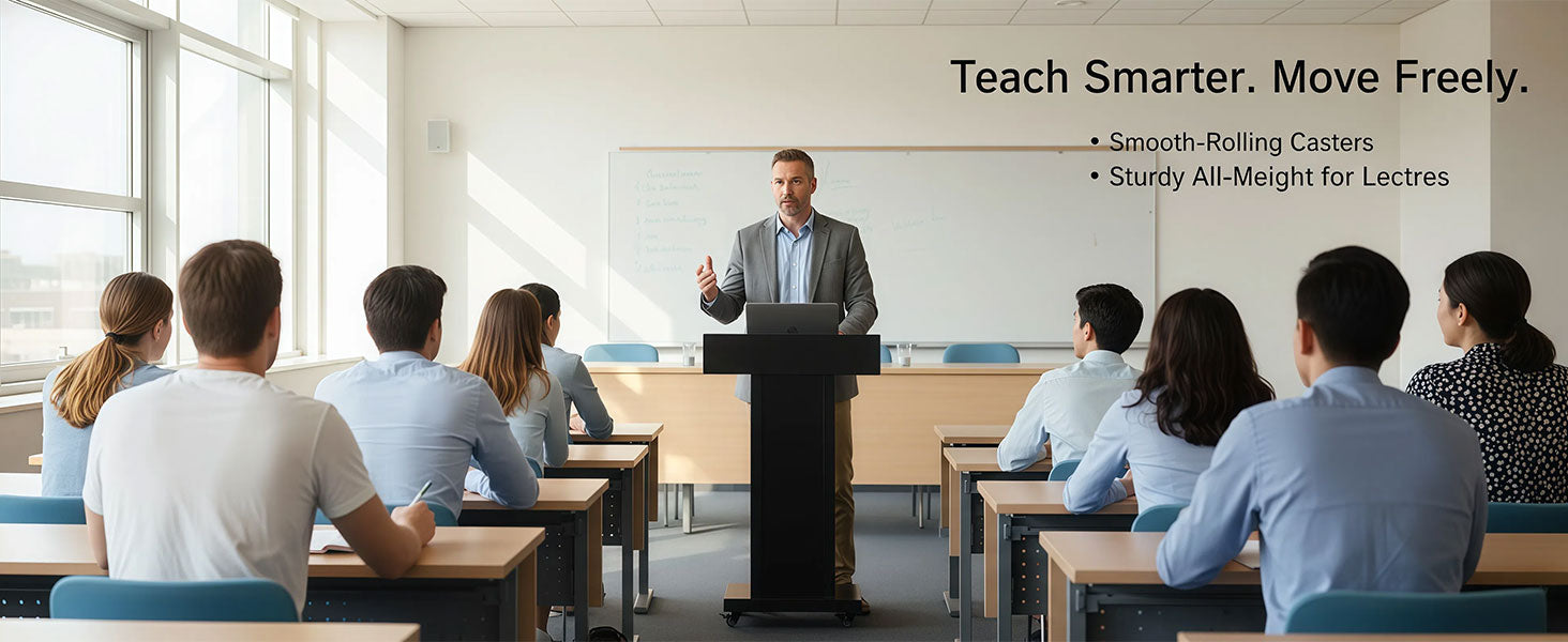 Smooth-rolling mobile lectern podium - sturdy all-height design for lectures and training sessions in classrooms