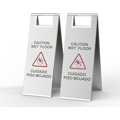 Stainless steel CAUTION WET FLOOR folding safety sign with bilingual English and Spanish text - professional caution sign for commercial use