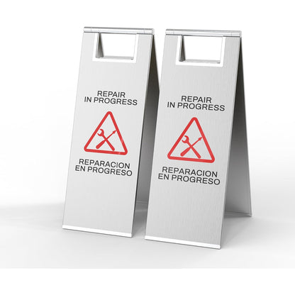 Premium stainless steel Repair In Progress folding safety sign with red triangle warning - professional maintenance caution sign for facilities