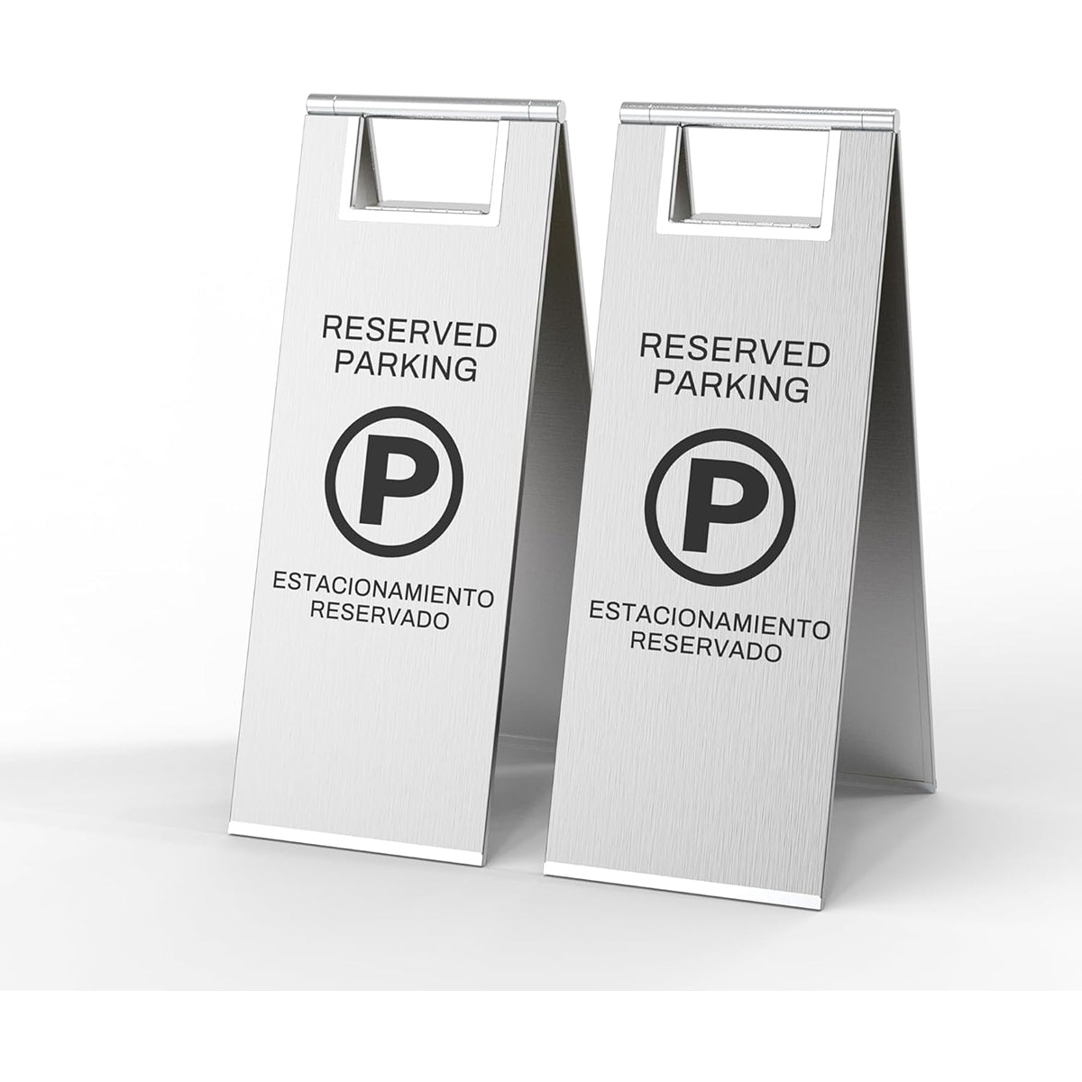 Stainless steel Reserved Parking folding safety sign with bilingual English and Spanish text - professional caution sign for designated parking spaces