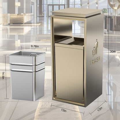 Gold bronze steel trash can outdoor model with hinged lid, durable lockable waste container with modern finish for upscale environments