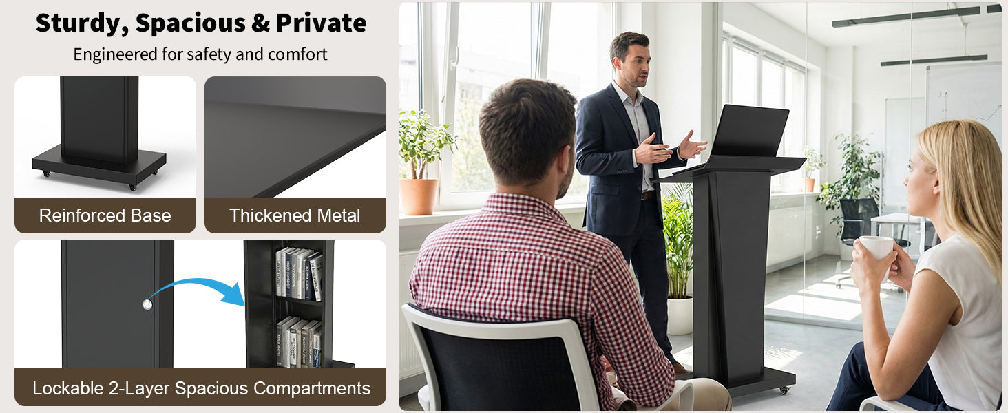 Sturdy hotel lectern features: reinforced base, thickened metal, lockable 2-layer storage compartments