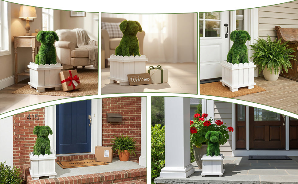 Versatile artificial dog topiary applications for hotels, restaurants, and residential entrances - indoor entryways, outdoor porches, patios, and doorway displays