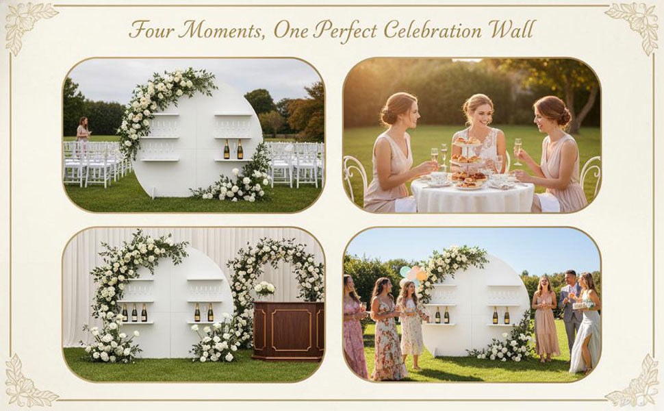 Reusable champagne wall shown across several wedding and event settings