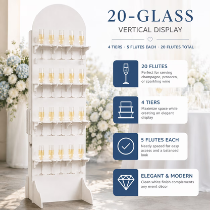Four-tier white PVC champagne wall showing five flutes per shelf and a total capacity of 20 glasses