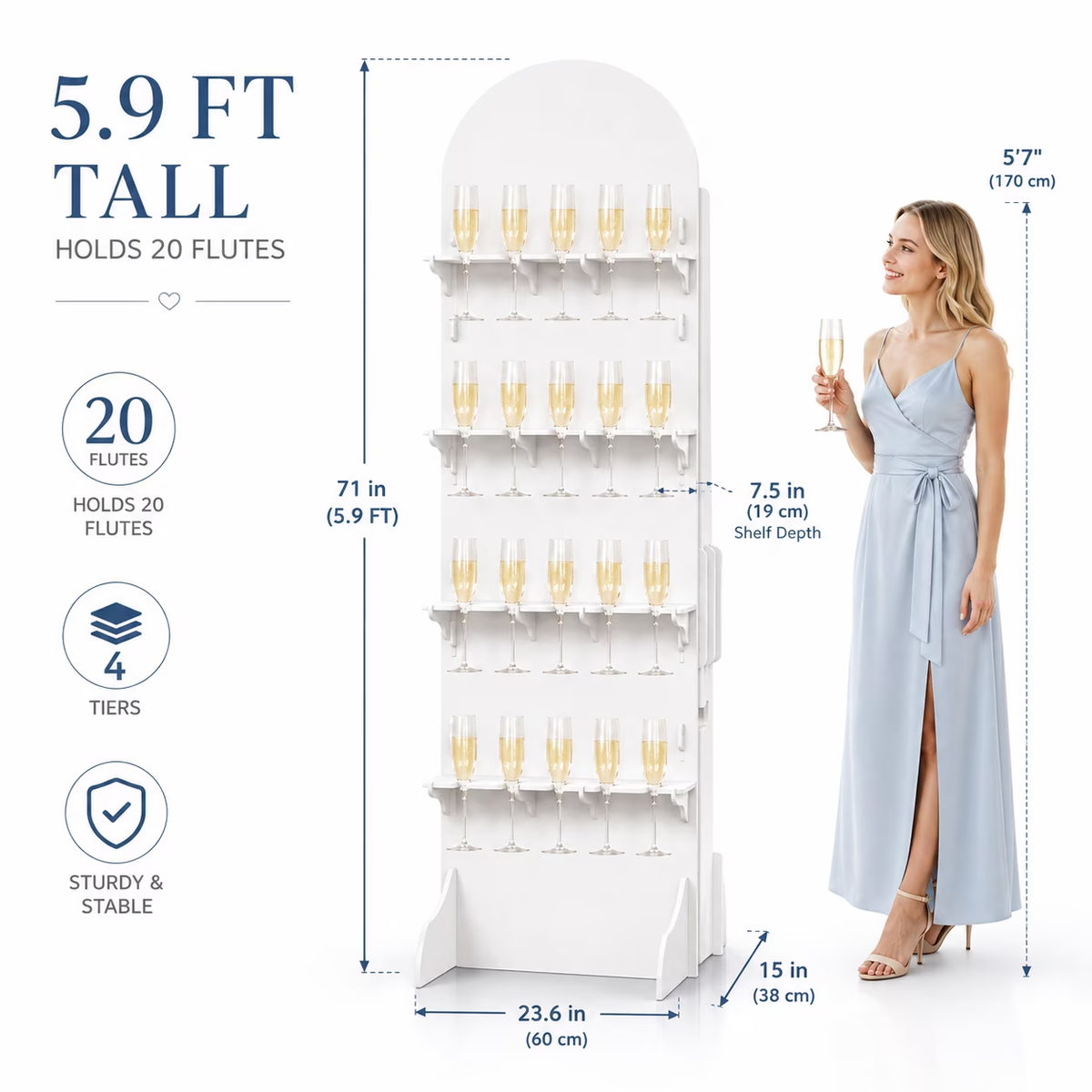 20-flute champagne wall dimensions: 23.6 inches wide, 71 inches tall and 15 inches deep at the base