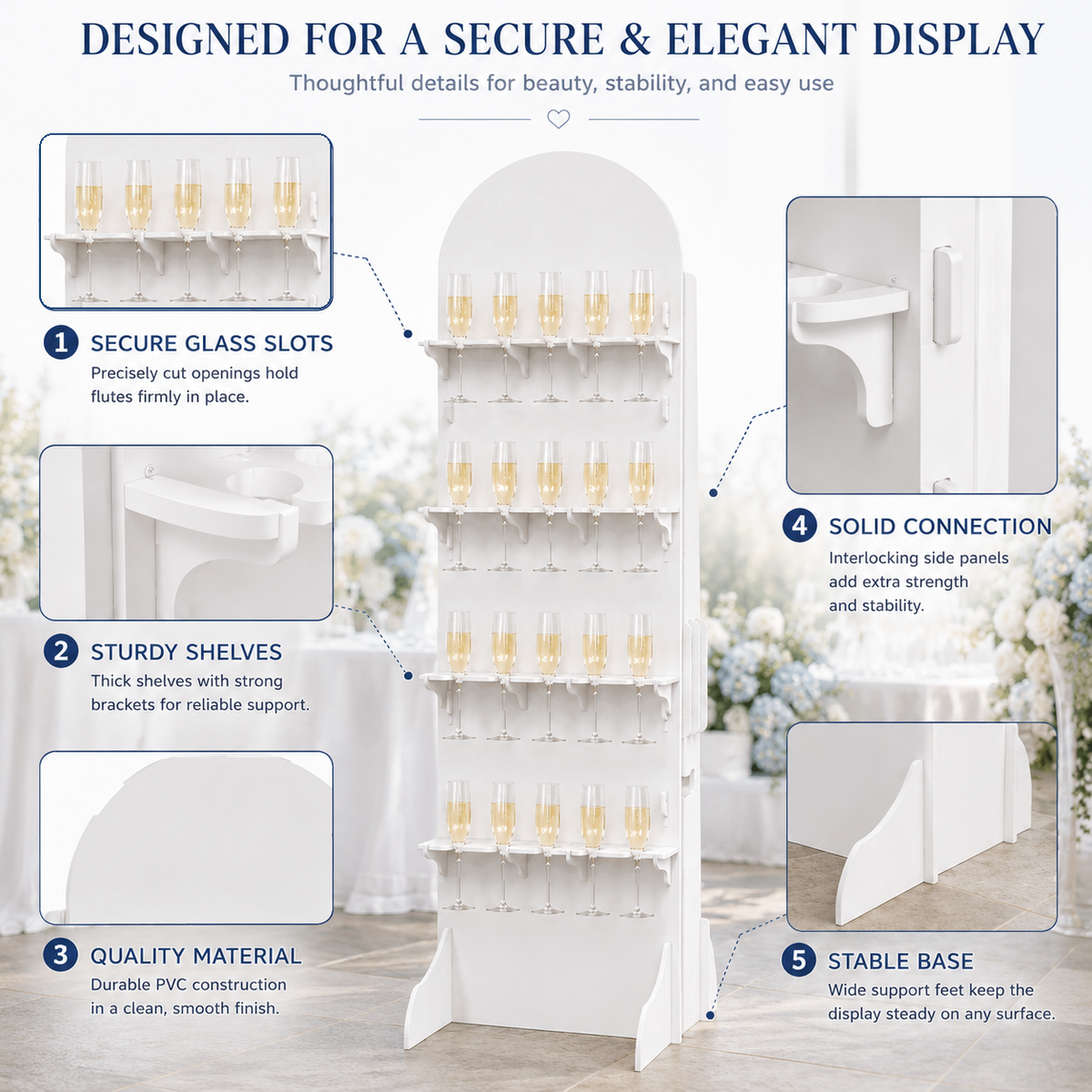 Details of glass slots, shelf brackets, side connections and support feet on a white champagne wall